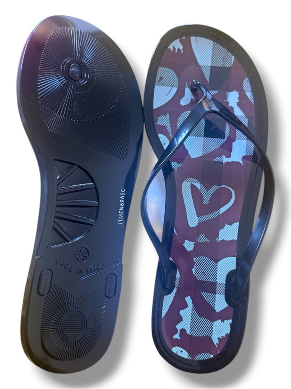 Burberry Navy Jelly Flip Flops with Burgundy & Light Blue Print - Picture 2 of 4